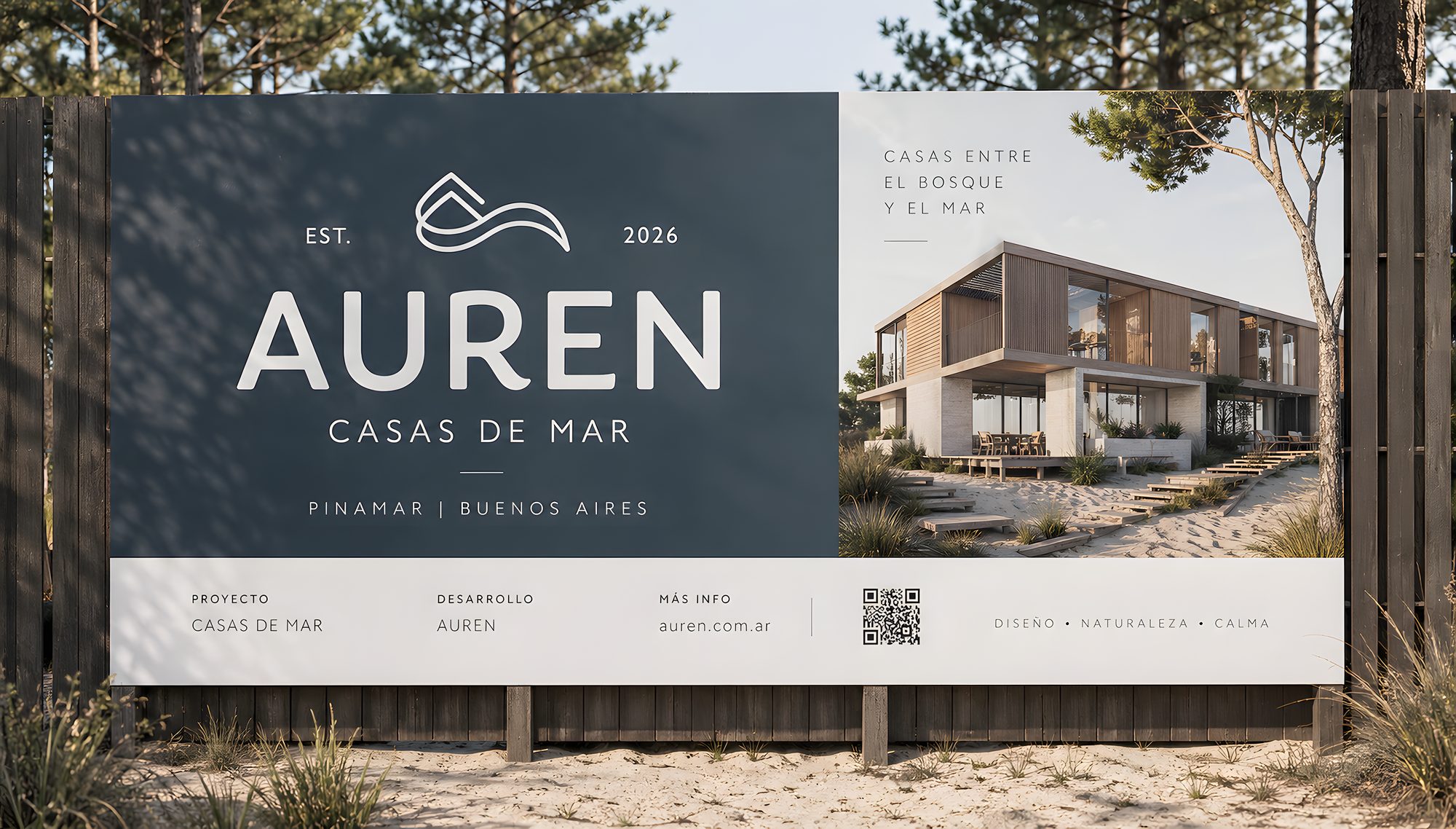 Cartelería de obra AUREN — casas entre el bosque y el mar