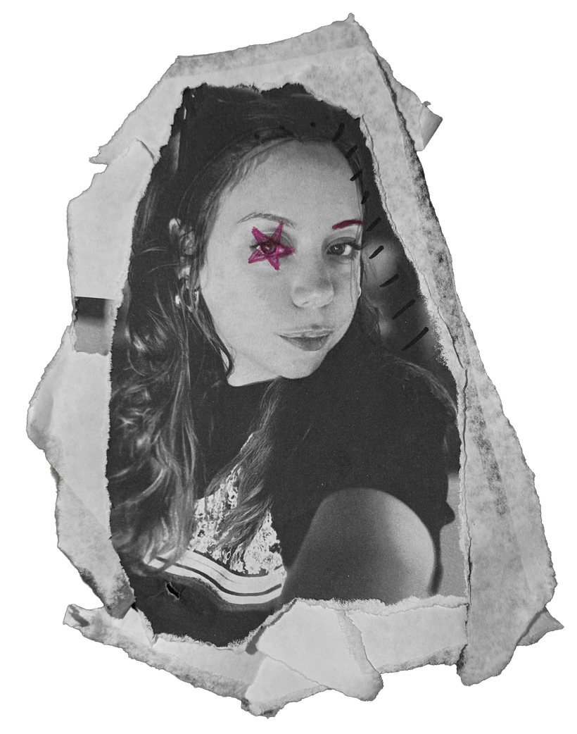 Retrato de Claru en blanco y negro, técnica mixta con una estrella dibujada sobre el ojo