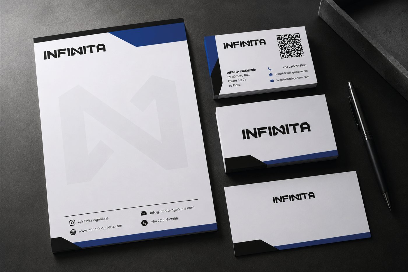 Papelería de INFINITA: membrete, tarjetas y sobres